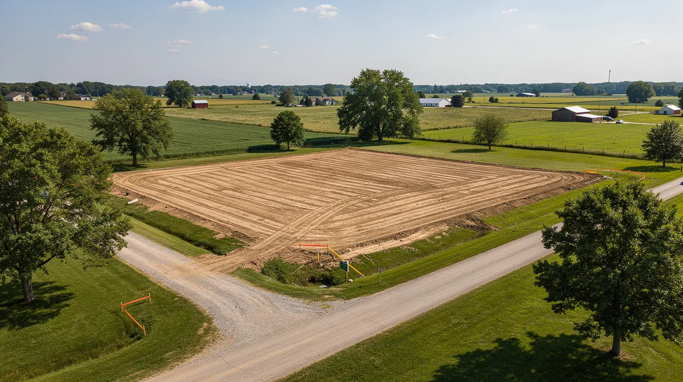 An aerial view shows a cleared residential building lot in a rural area, ready for construction. This vacant land could be the perfect site for a dream home, with potential financing options like construction loans or USDA loans available to qualified borrowers.
