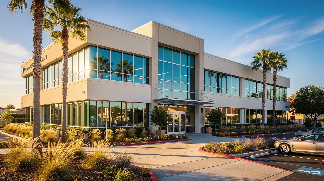 The image shows a modern medical office building with large windows and a beautifully landscaped entrance, situated in a suburban Southern California area. This medical office space is designed for healthcare providers, offering easy access and exceptional visibility for patients and families seeking primary care and other medical services.