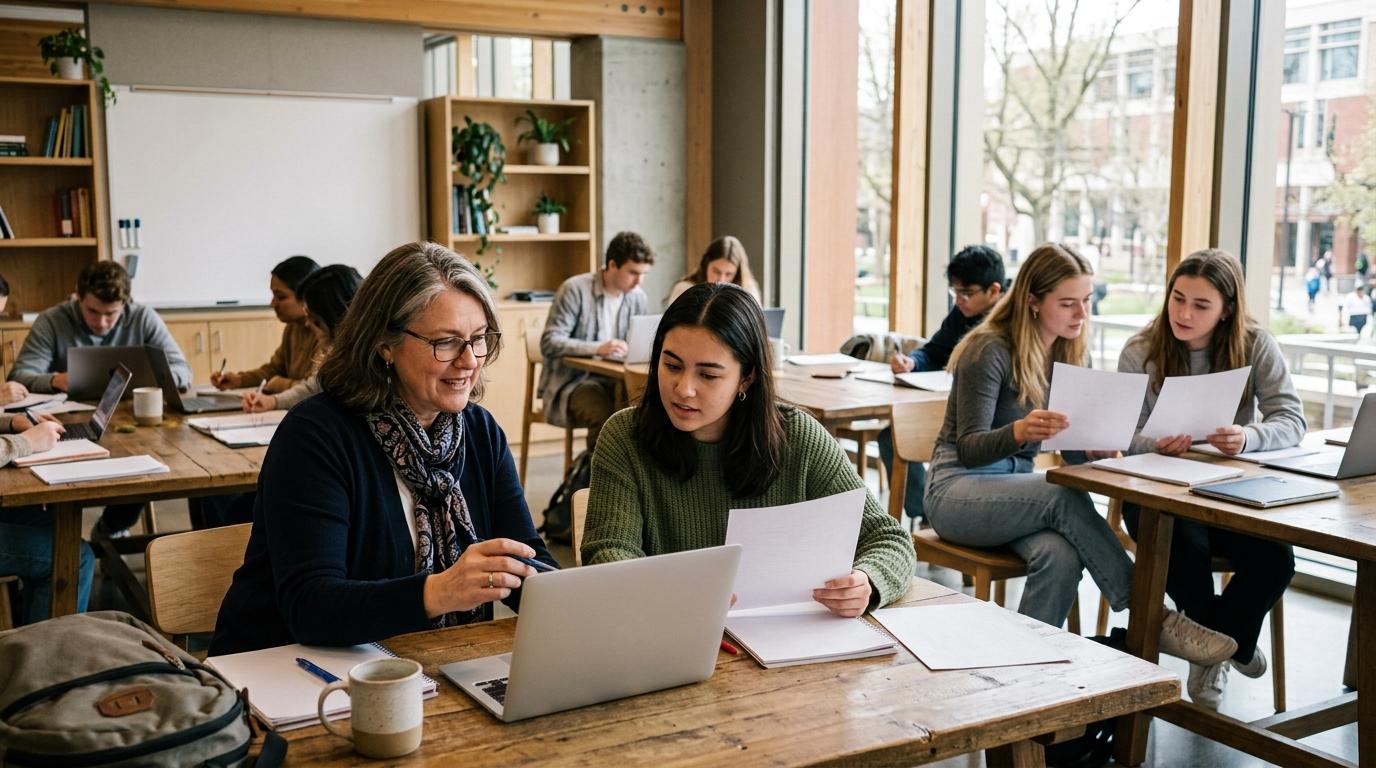Photorealistic university professor providing personalized feedback on student essays using a laptop, students reviewing returned assignments nearby, modern higher education classroom.
