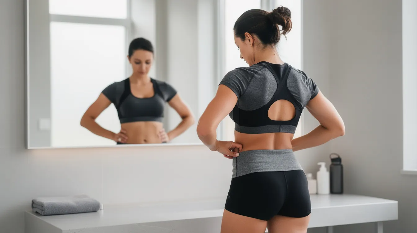 A person in athletic wear stands in front of a mirror, closely examining their midsection in a bright room, reflecting their interest in body contouring and fat reduction. The scene captures the individual's focus on their appearance, possibly considering options like liposuction surgery for unwanted fat removal.