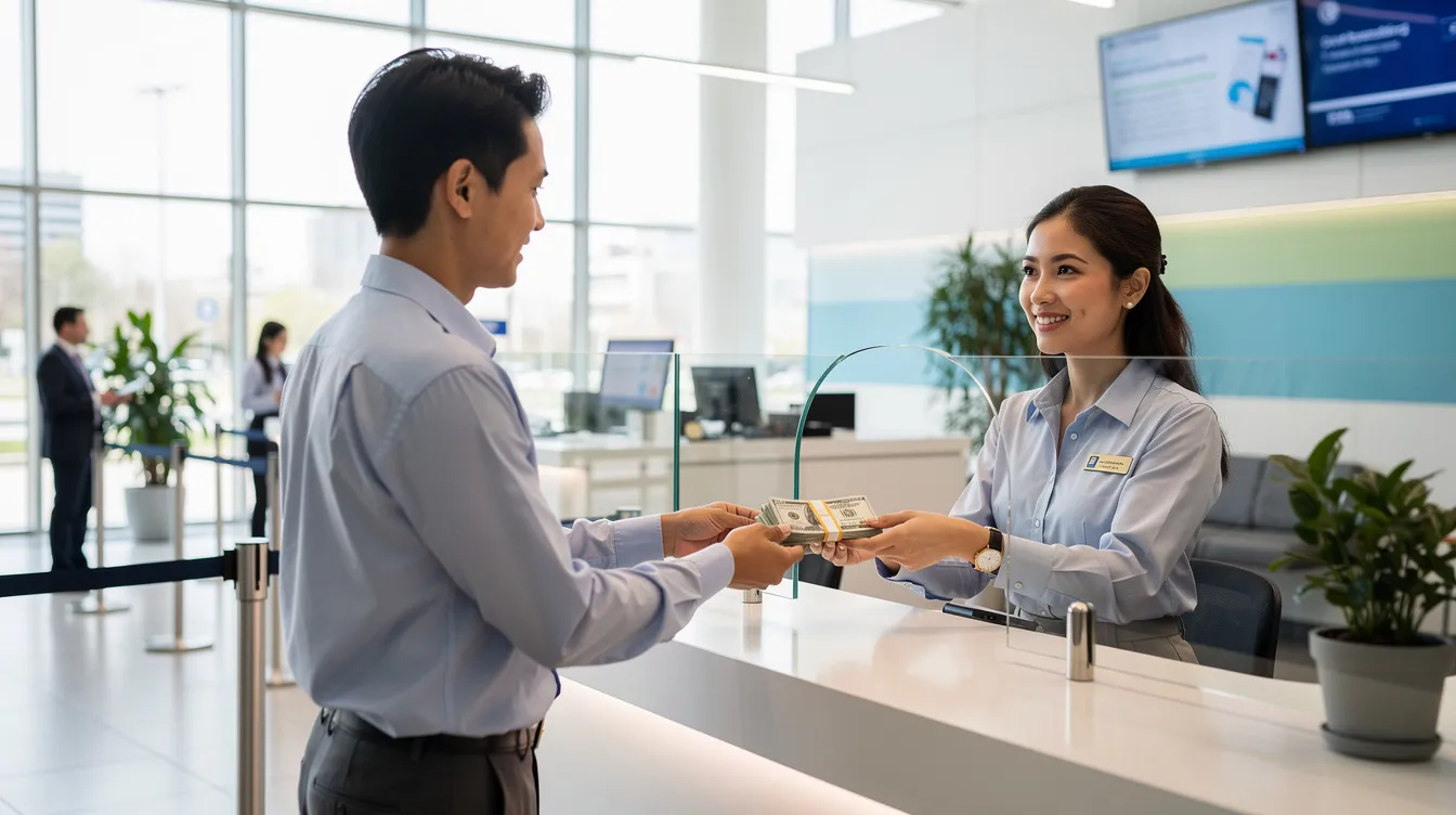 A person stands at a bank counter in a bright, modern bank branch, receiving cash from a teller. The transaction highlights the convenience of services like cash pickup and money transfer, making it easy for customers to access their funds securely.