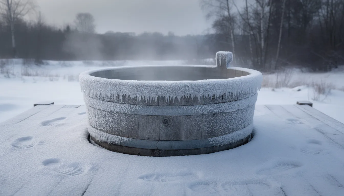 The image depicts an outdoor cold plunge tub, frosted over with a layer of ice, surrounded by a snowy ground and a wooden deck. This setting highlights the cold exposure benefits of cold water immersion for recovery and muscle growth, making it a serene winter scene for those considering cold therapy as part of their daily routine.