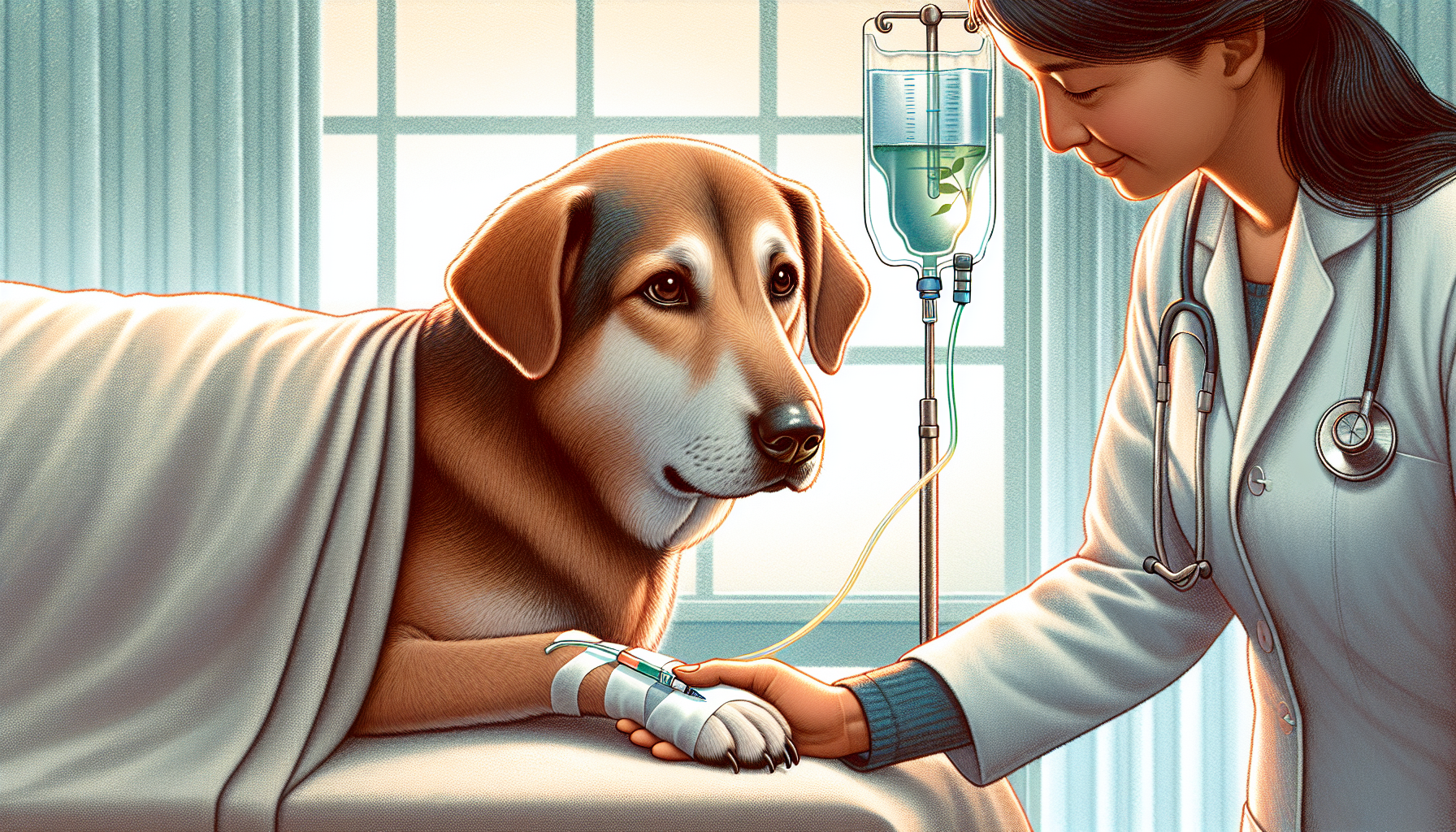 Ilustración de un perro recibiendo tratamiento veterinario con un suero intravenoso