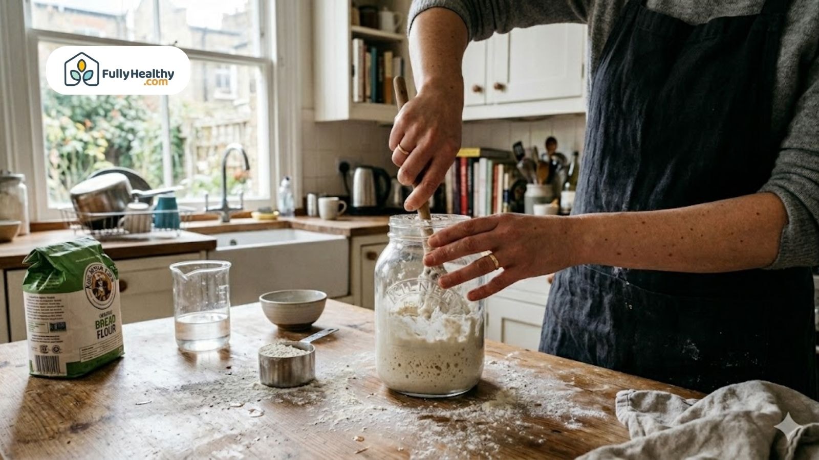 Person mixing flour and water in a glass jar while learning how to make sourdough starter in a home kitchen.