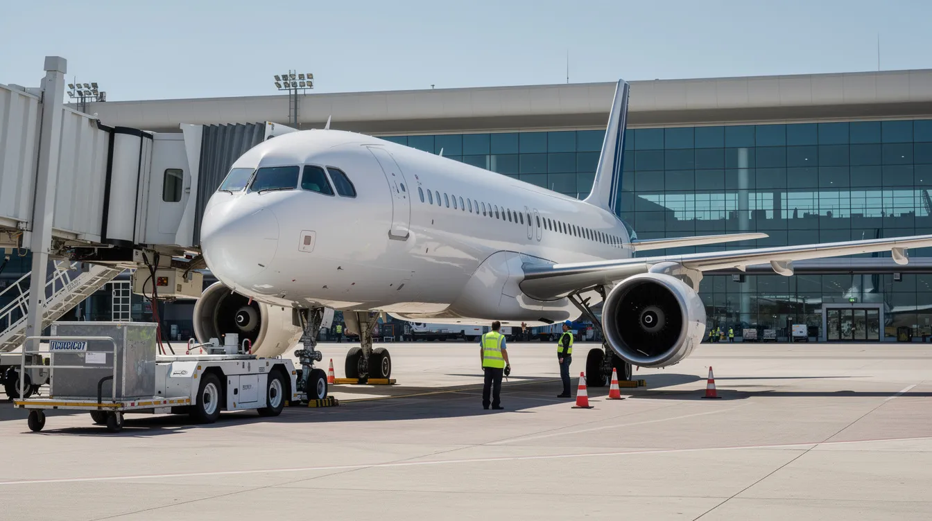 A modern narrow-body commercial aircraft is parked at an airport gate, with a boarding bridge attached and ground crew nearby, under a clear blue sky. This scene captures the essence of air travel, where business class passengers prepare for their journey, possibly on a Qantas flight, ready to enjoy the comforts of premium cabins.