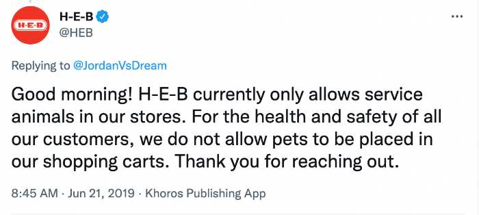 Tweet showing HEB pet policy.