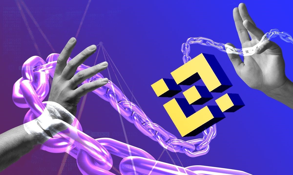 An illustration reflecting chains with human hands and the Binance logo. 