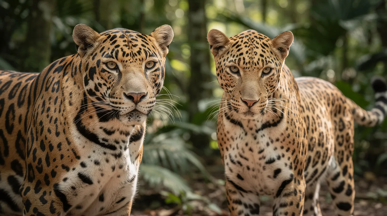 Die Nahaufnahme zeigt einen Jaguar und einen Leopard nebeneinander in ihrem natürlichen Lebensraum. Der kompakte, muskulöse Körper des Jaguars unterscheidet sich deutlich von dem schlanken, eleganten Erscheinungsbild des Leoparden, dessen auffälliges Fellmuster mit Rosetten und Punkten verziert ist.