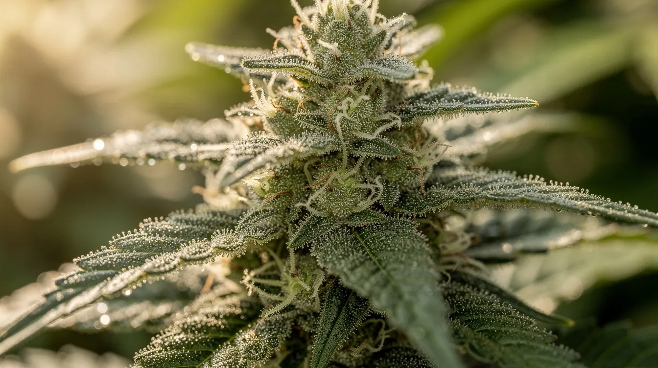 A close-up photograph captures the glistening trichomes of a cannabis flower, showcasing the intricate details of the green plant in natural light. This image highlights the beauty of THCA flower, a key component in the therapeutic cannabis program, which is subject to varying legal statuses across regions like New Hampshire.