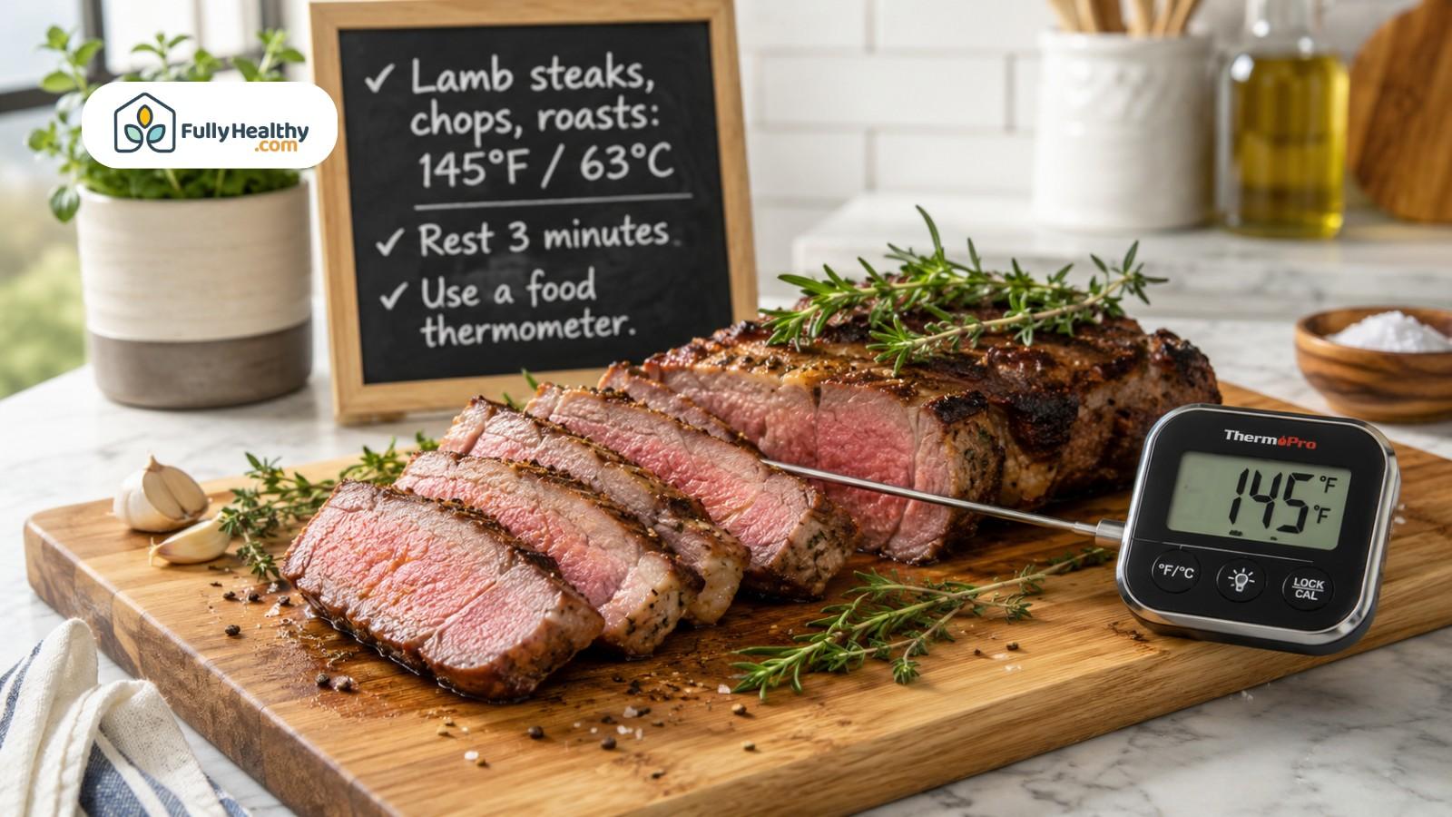 Sliced lamb roast with thermometer and cooking temperature safety notes