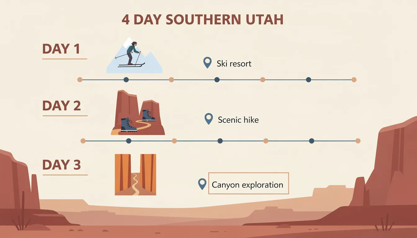 The image depicts a visual itinerary for a 4-day trip through Southern Utah, featuring icons that represent activities such as skiing at Brian Head, hiking in Zion National Park, and exploring the stunning landscapes of Bryce Canyon National Park. Each section highlights the unique experiences and spectacular views that await visitors in this beautiful region.