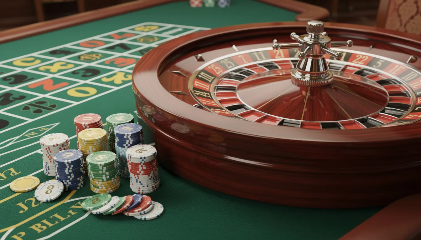 En professionell roulettehjul står på ett grönt filtbord, omgiven av färgglada spelmarker. Denna bild fångar atmosfären av ett casino, där spelare kan njuta av spänningen av roulette hos Ninja Casino.