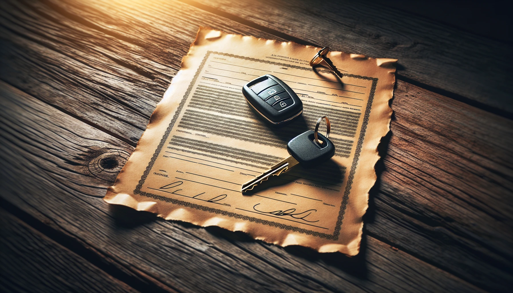 Car title and keys on a wooden table