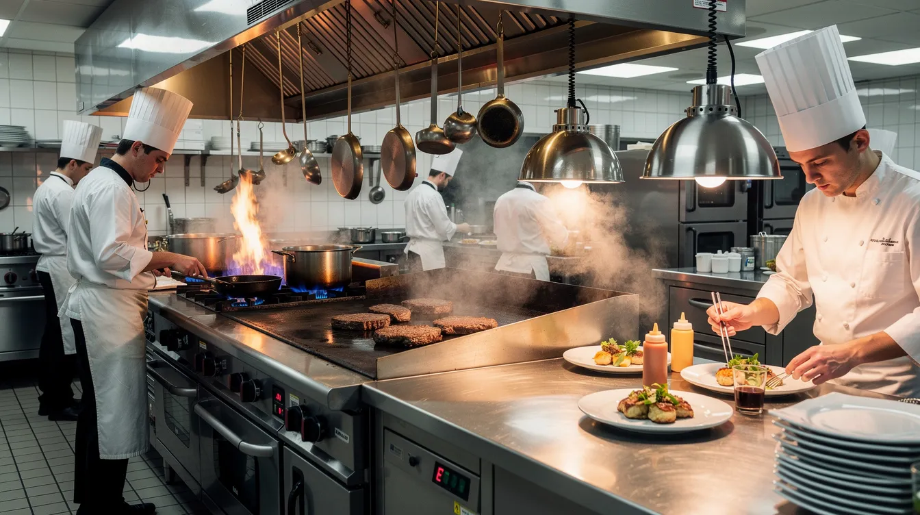 La imagen muestra una cocina industrial de hotel donde varios cocineros trabajan en una línea de producción caliente, utilizando maquinaria de acero inoxidable. Se puede observar un ambiente organizado y eficiente, con mesas de trabajo y equipos que facilitan la preparación de alimentos en un espacio diseñado para maximizar la capacidad y el flujo de trabajo.