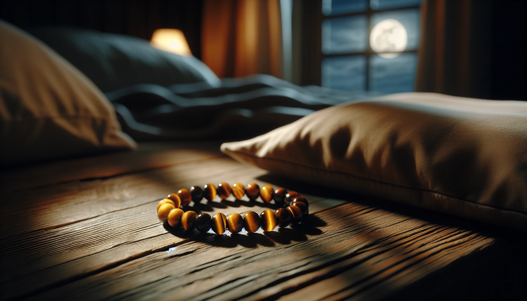 Tiger's Eye bracelet placed on a bedside table