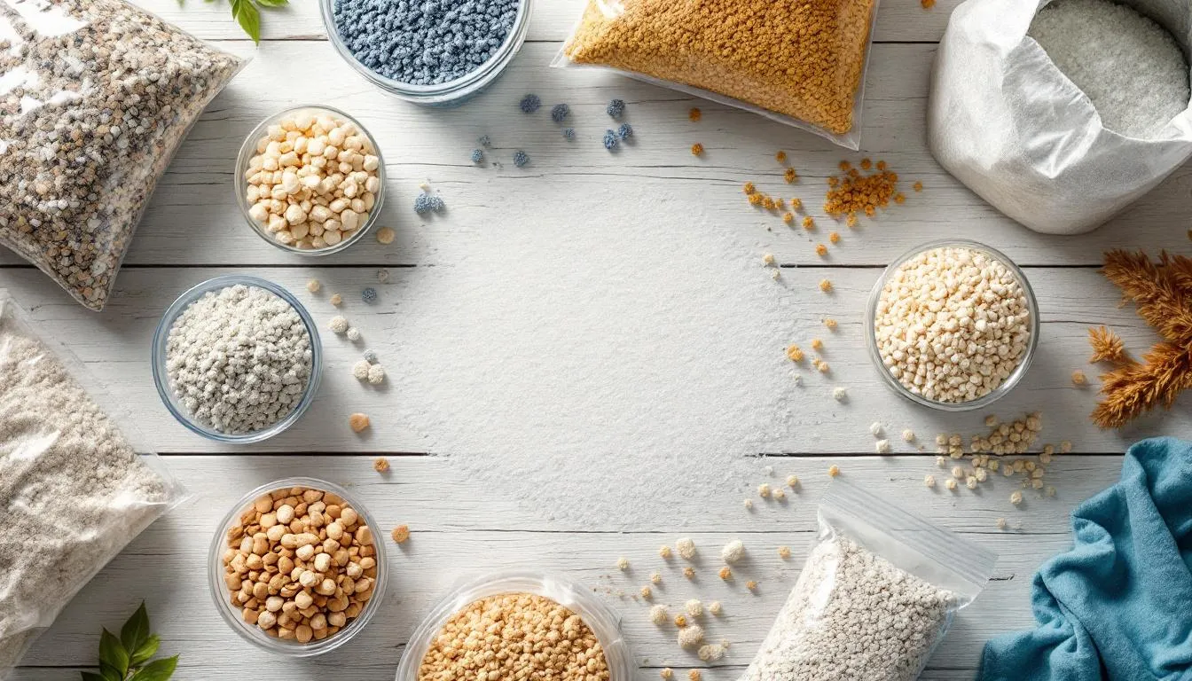 De afbeelding toont verschillende soorten kattenbakvulling in diverse containers en zakken, ideaal voor het schoonmaken van de kattenbak. Het benadrukt de variëteit aan vullingen die kunnen helpen bij het behouden van een frisse kattenbak en het verminderen van vieze geurtjes.