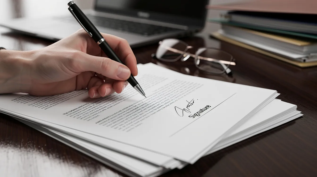 Hand signing legal documents on a desk, with a focus on the signature line, symbolizing the completion of family law forms like FL-130 for divorce and custody agreements.
