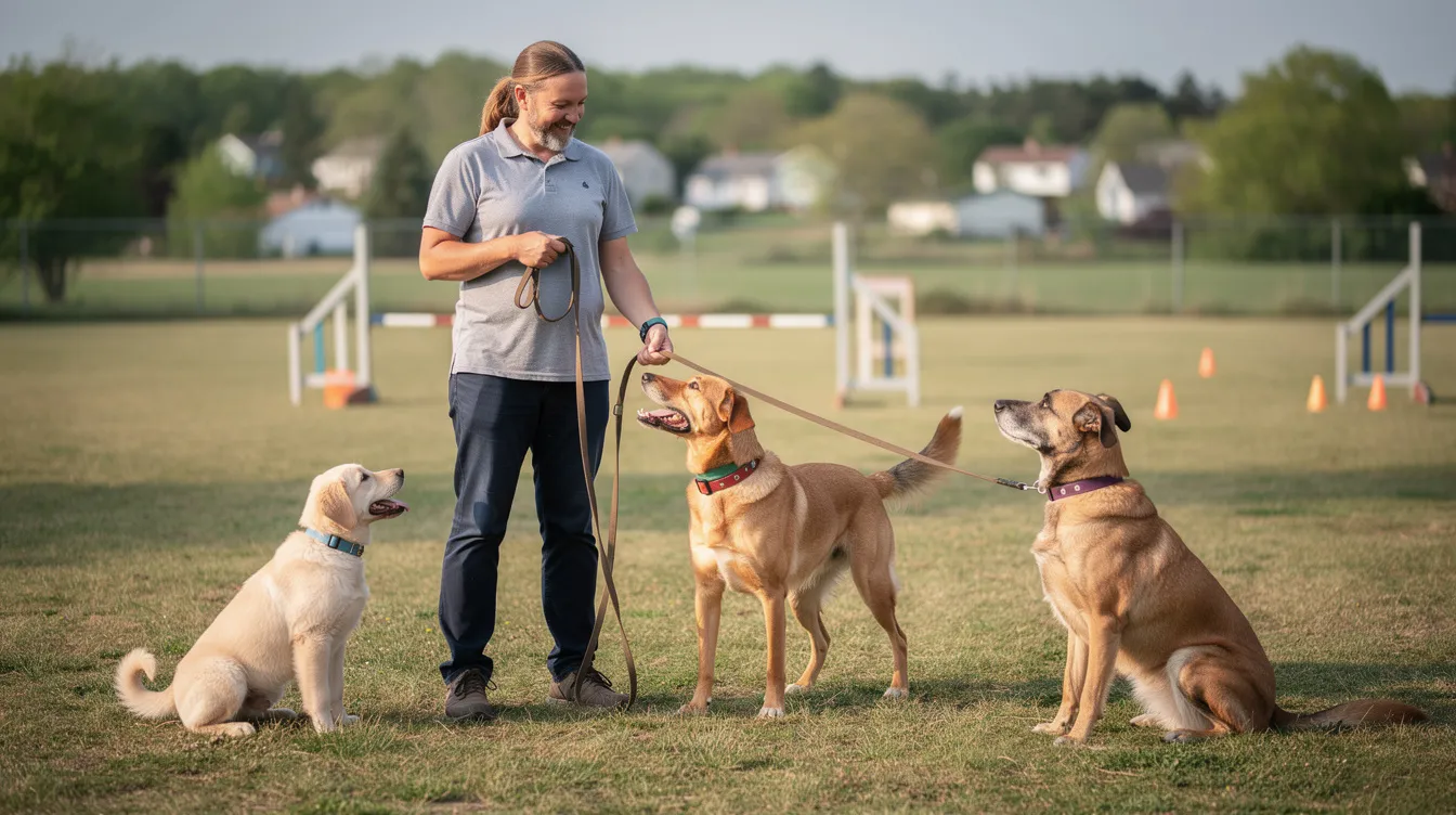 The image depicts a dog trainer engaging in a training session with a young puppy, demonstrating basic obedience commands in a controlled environment. The focus is on the dog's ability to learn new skills through positive reinforcement, showcasing the importance of consistent practice and the long-term commitment required for effective dog training.