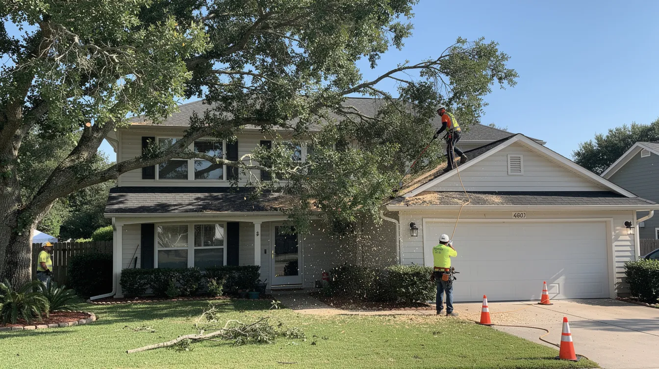 A professional is trimming tree branches away from a residential roof to prevent potential roof damage during hurricane season in the Tampa Bay area. This proactive step helps protect the roof's condition from flying debris and reduces the risk of costly repairs when severe weather strikes.