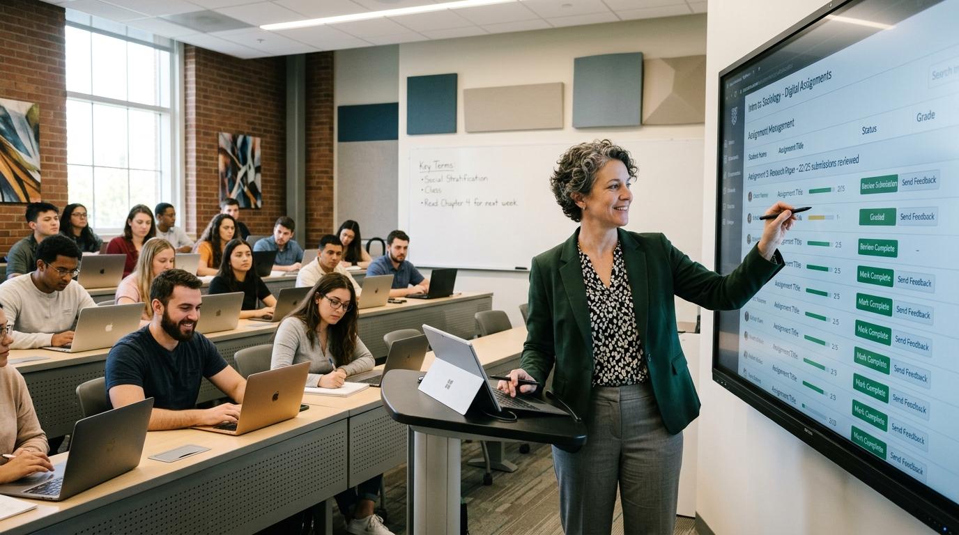 Higher education classroom featuring an instructor managing digital assignments effortlessly