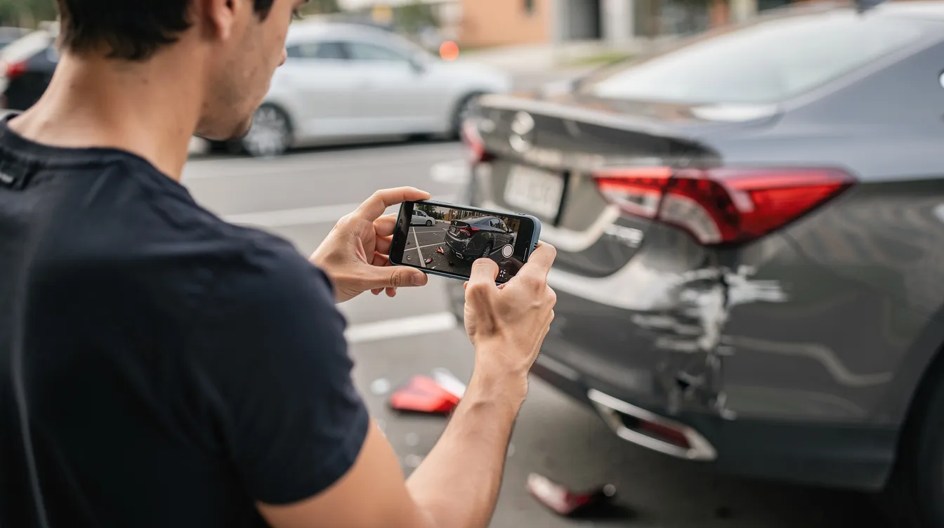 A person is using a smartphone to photograph the damage on a vehicle following an auto accident, highlighting the importance of documenting property damage for insurance claims. This action is crucial for understanding liability coverage and ensuring adequate financial protection against repair costs and medical expenses.