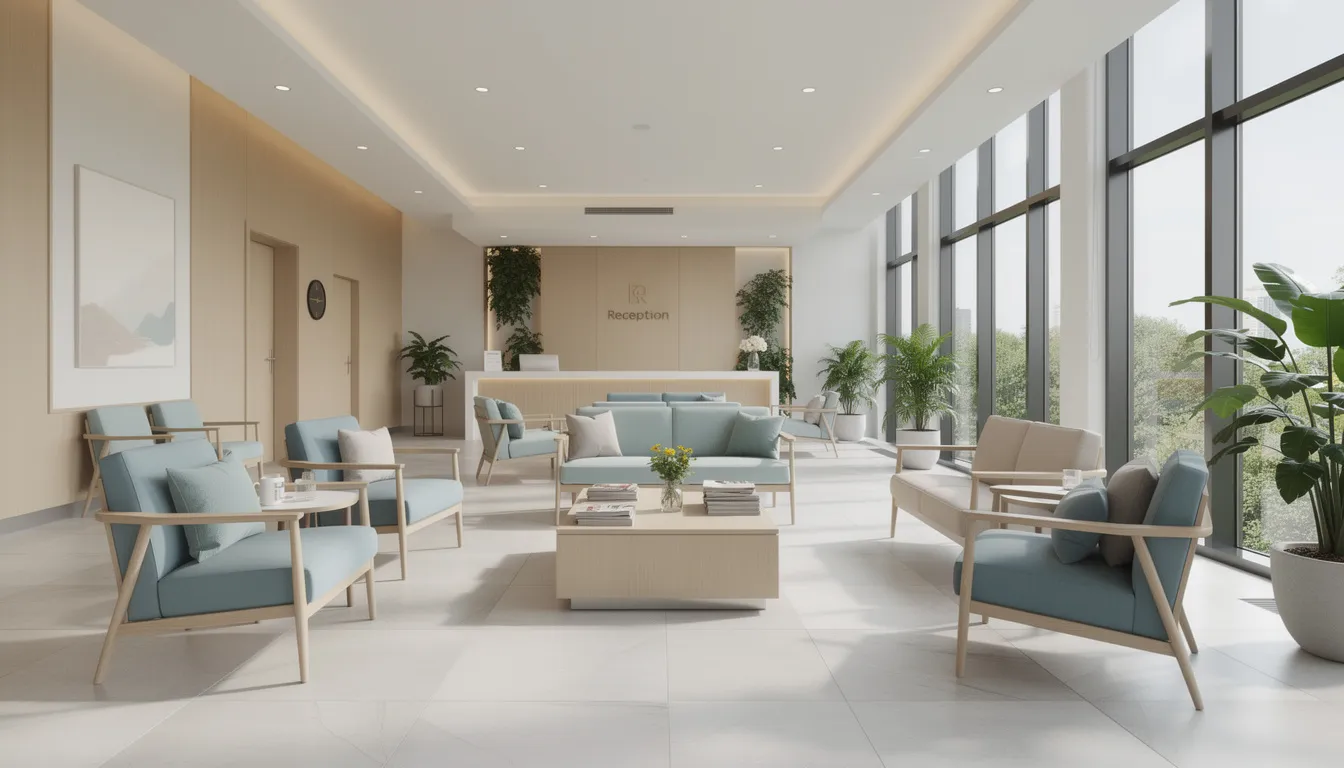 The image depicts a spacious medical waiting room featuring a variety of seating options, including upholstered reception chairs and stackable guest chairs, all arranged to create a welcoming environment. Natural light floods the area, enhancing the modern interior design and providing a comfortable space for visitors to relax while waiting.