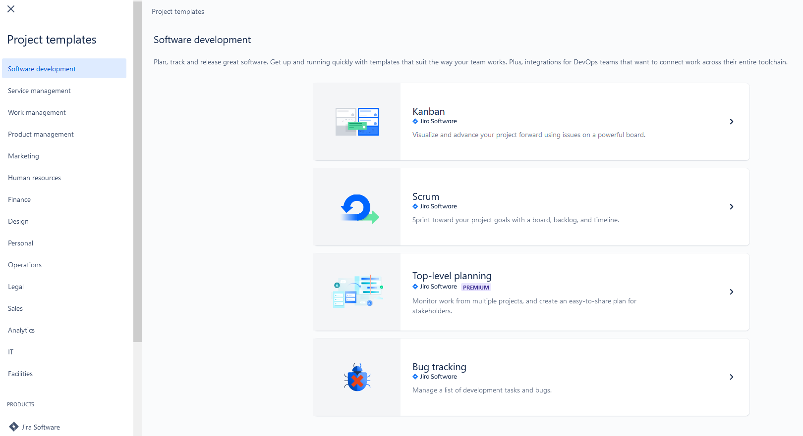 A screenshot of templates for Jira projects.