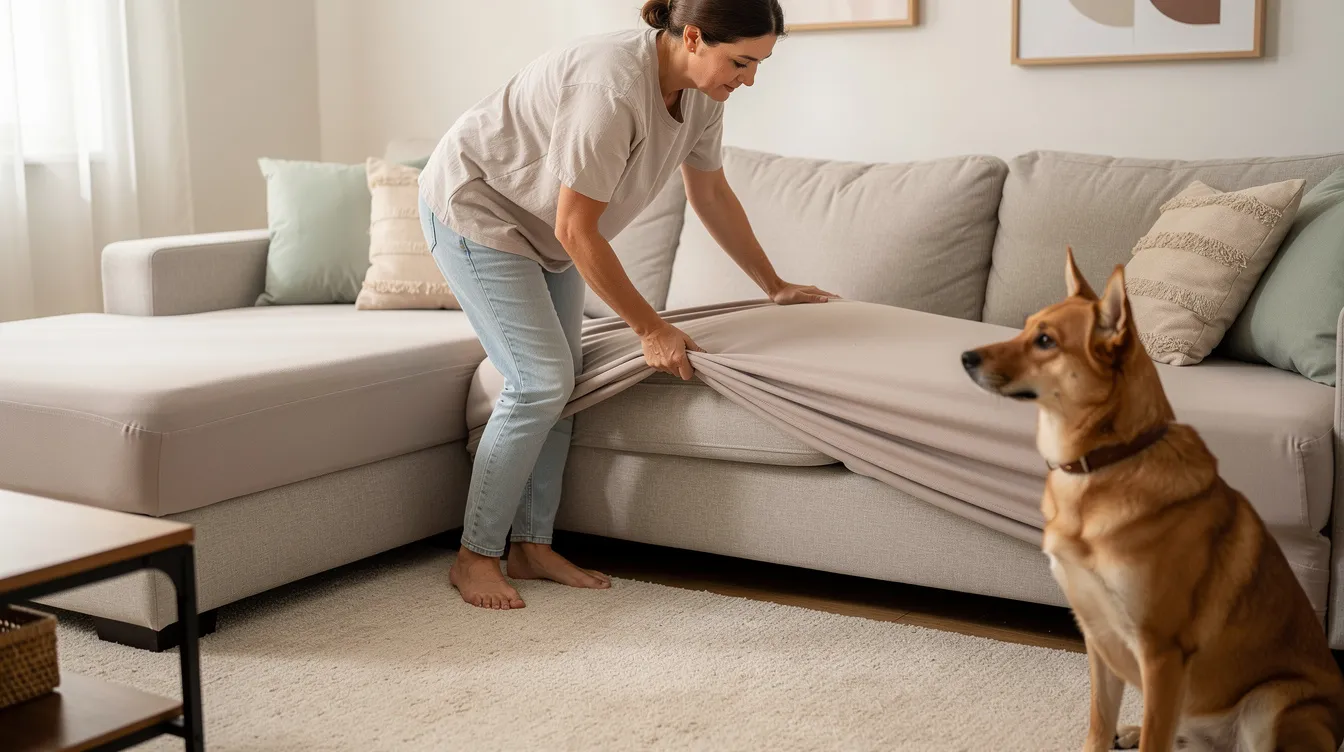 A person is smoothing a fitted sofa cover over a sectional couch, ensuring it fits snugly, while a German Shepherd dog patiently waits nearby. This scene highlights the practicality of couch covers for pet owners, providing protection against pet hair and stains while enhancing home decor.