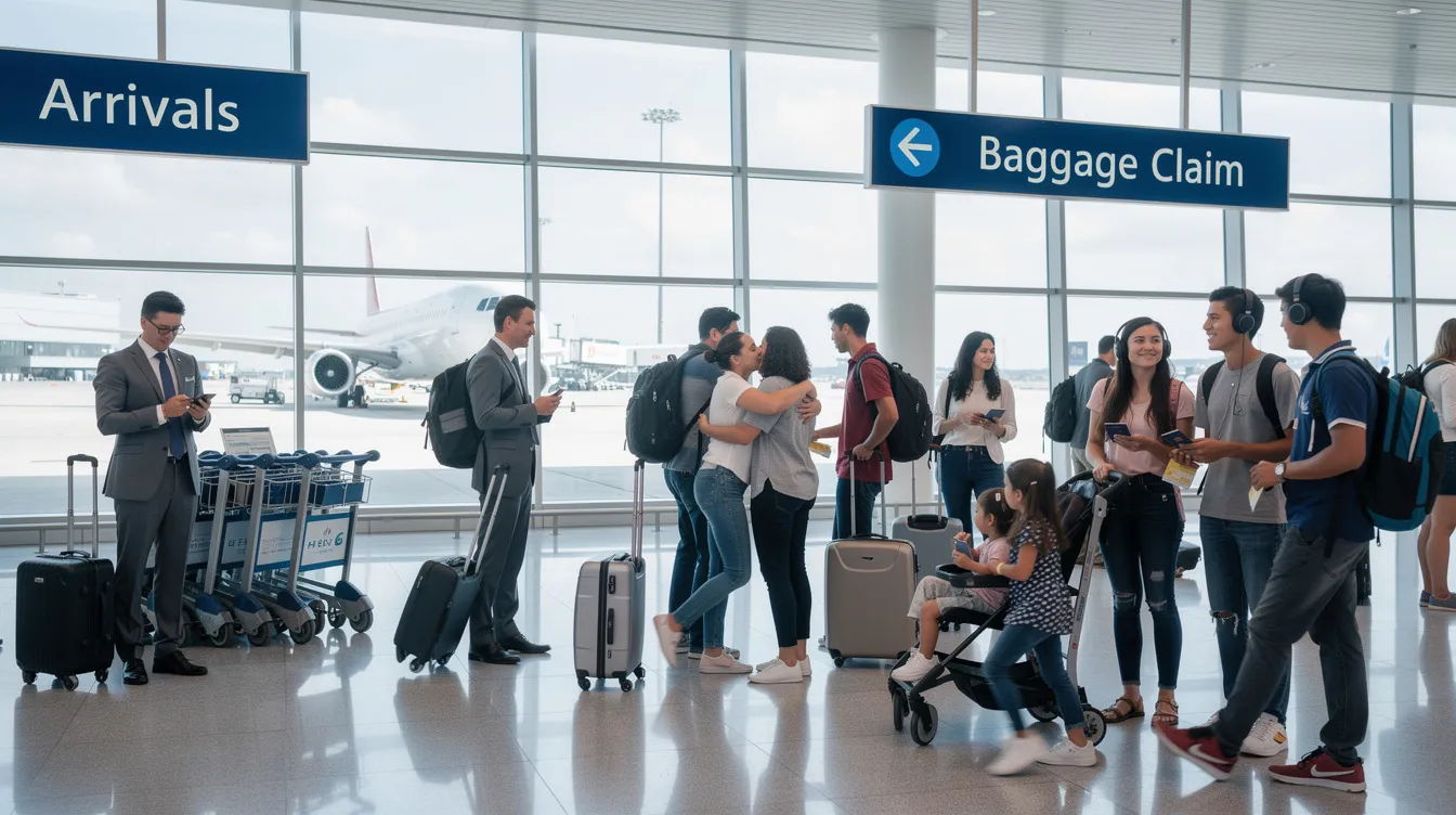 A diverse group of professionals, students, and families gather in an airport arrivals hall, showcasing various cultures and backgrounds. This vibrant scene reflects the importance of immigration support and services, as individuals may seek free immigration advice regarding UK visas and their immigration status.