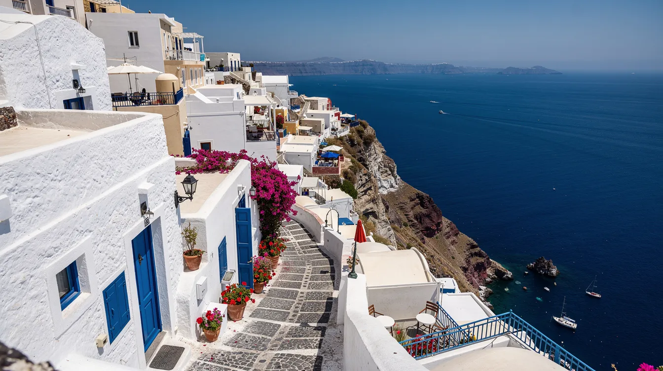 Uma vila branca, com casas de paredes caiadas, se destaca em um penhasco, oferecendo uma vista deslumbrante do mar azul do Mar Egeu. Este cenário é típico da Grécia e evoca a beleza das ilhas gregas, ideal para passeios e exploração cultural.