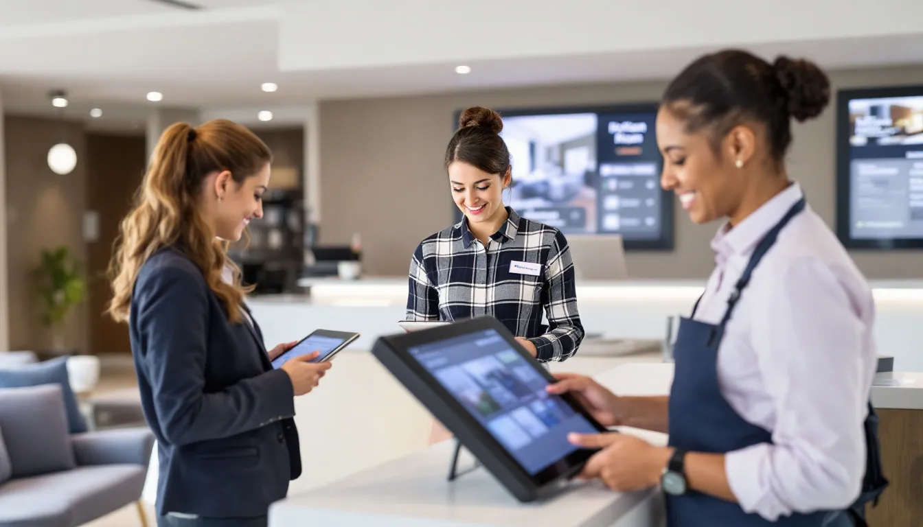 In the image, hotel staff are engaged with modern technology systems to enhance operations management, focusing on improving hotel profitability and operational efficiency. These advancements aim to optimize revenue management and boost profit margins in the competitive hospitality industry.