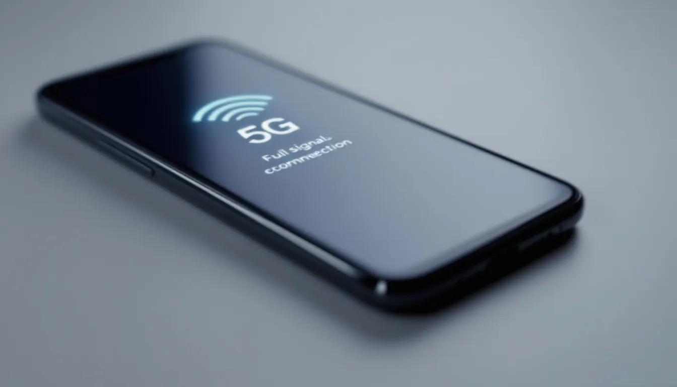An image of a mobile phone shows a strong network signal strength indicator, symbolizing reliable coverage for T-Mobile customers. The display suggests access to T-Mobile's ultra capacity 5G network, which offers faster speeds and better service quality across various locations.