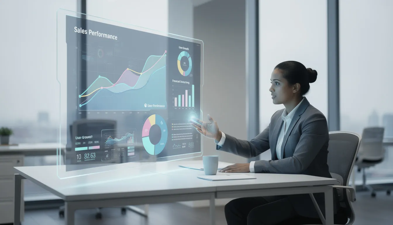 A professional is collaborating with an AI interface that displays data analytics and insights, embodying a growth mindset while leveraging AI tools to enhance their business strategies. The scene reflects a very good relationship between human expertise and AI capabilities, emphasizing teamwork and innovative thinking for future success.