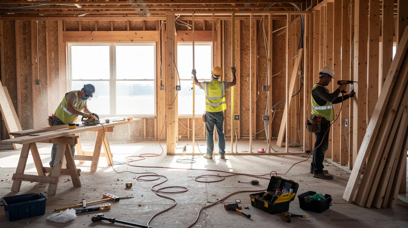 The image shows construction workers actively renovating the interior of a residential property, with exposed framing and various tools scattered around. The scene captures the hustle of home improvement, highlighting the potential for property owners to increase their home's equity through renovations, which could be financed through options like a home equity line or cash out refinance.