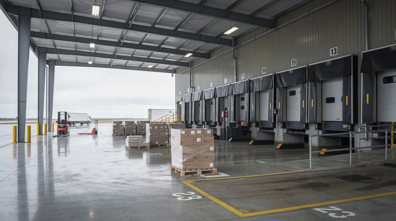 The image depicts a loading dock area of an industrial warehouse, featuring trucks and stacks of pallets under a covered canopy, indicative of a ghee manufacturing plant's operational efficiency. This setup is essential for the ghee production process, facilitating the movement of raw materials and finished products in the food processing industry.