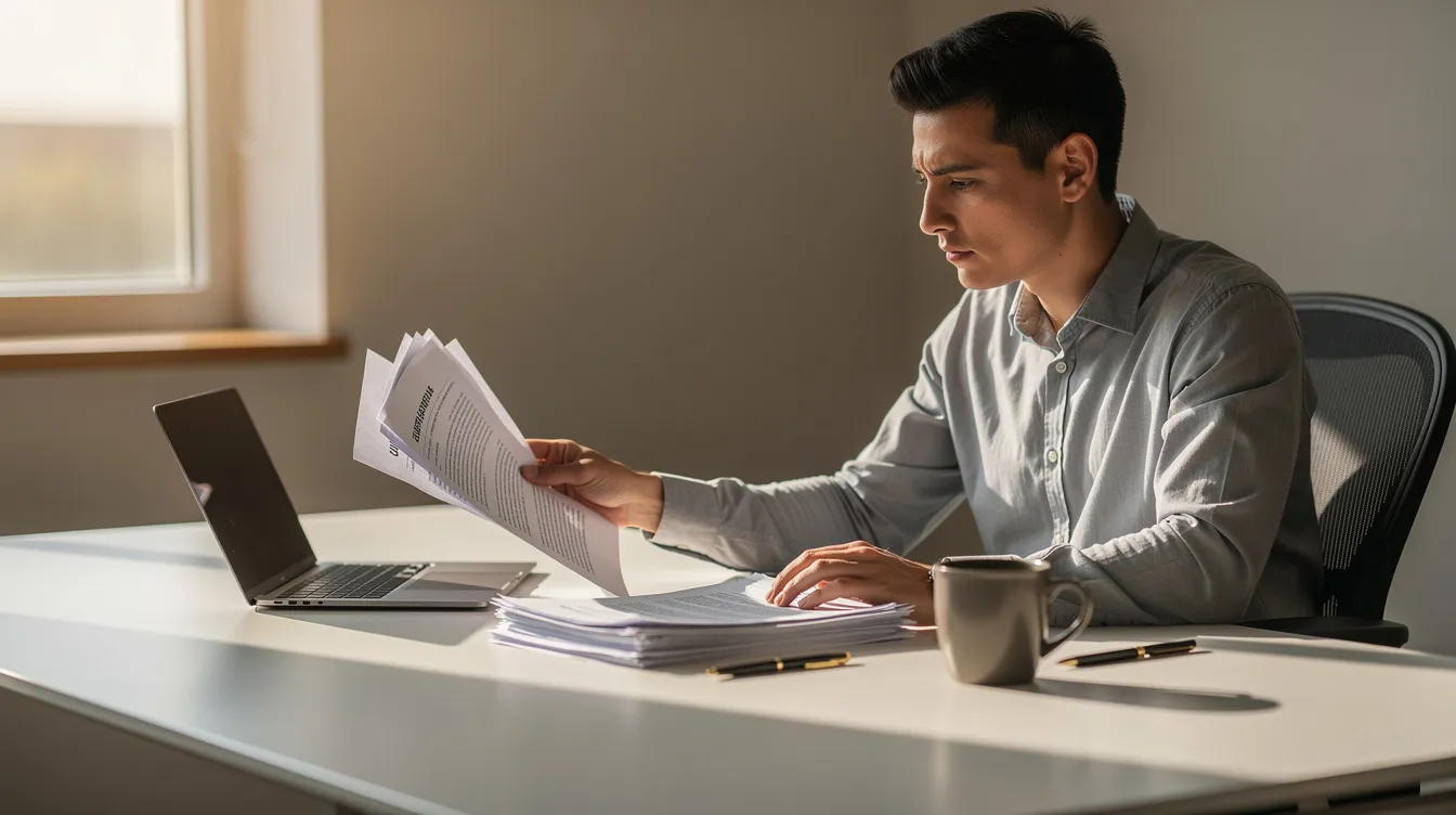 A business owner sitting at a desk, intently reviewing paperwork with a laptop open, likely assessing options for commercial real estate financing or preparing a detailed business plan. This scene reflects the critical process of securing business loans for buying property and managing financial documentation.