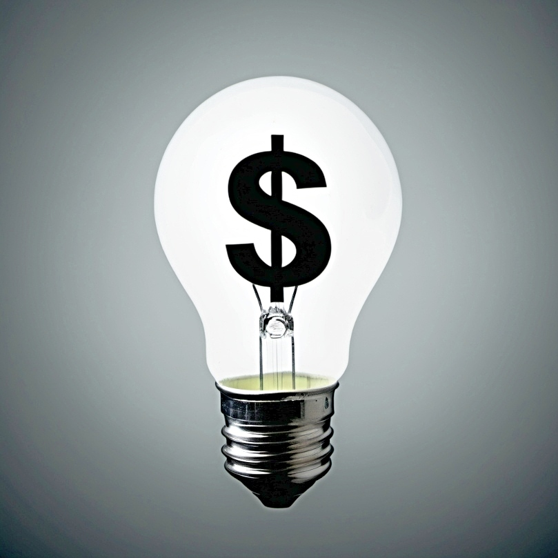 A white light bulb has a dollar sign in it to represent the concept of budget