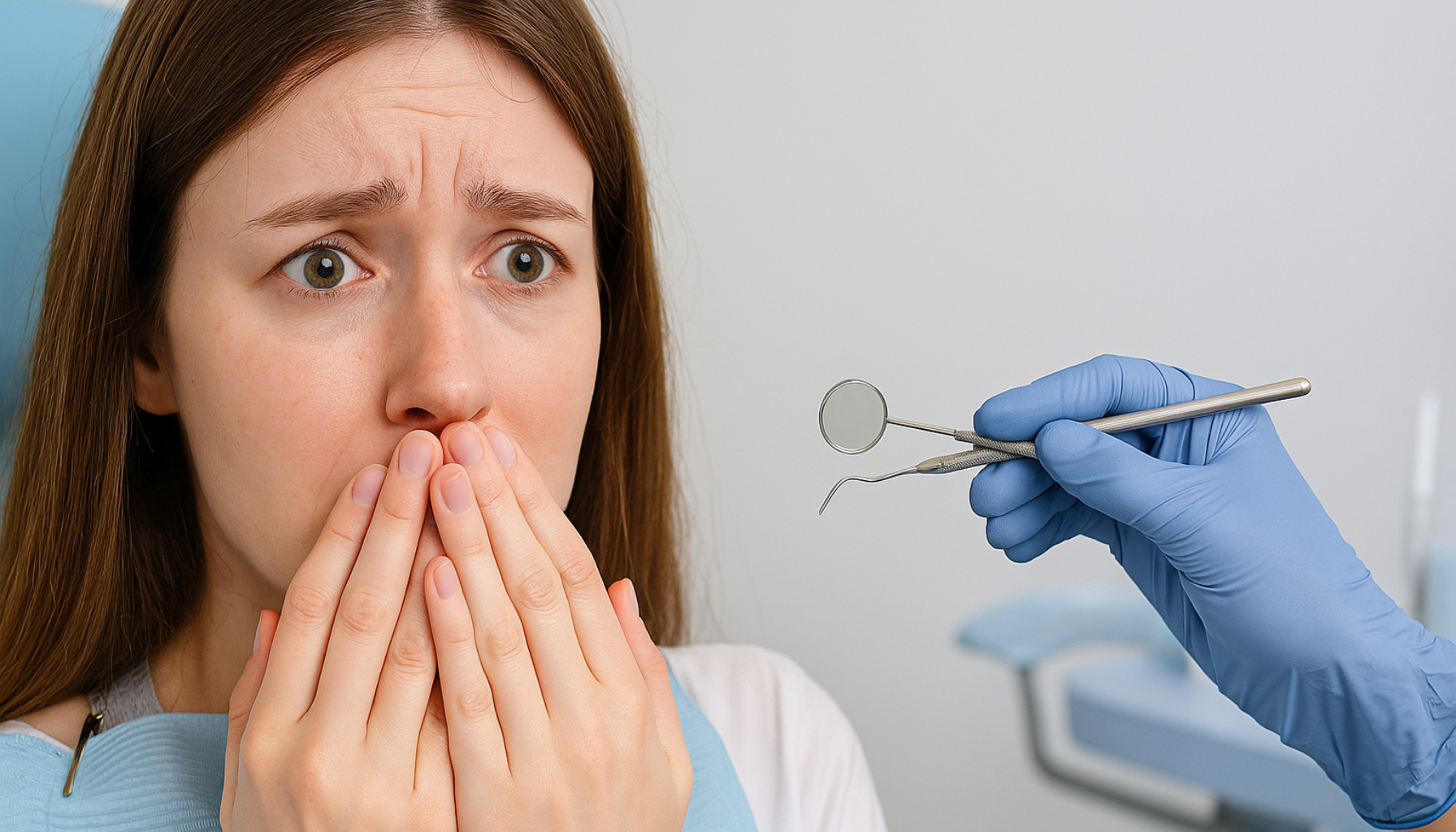 "Ung kvinne med tannlegeskrekk dekker munnen med hendene, nervøs ved tannlegeverktøy i en moderne tannlegeklinikk."