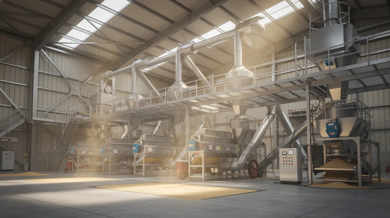 The image depicts the interior of a large industrial pulse processing plant, showcasing an array of conveyors, elevators, and advanced cleaning machinery within a spacious steel-frame building. This facility is designed for efficient grain processing, emphasizing energy efficiency and the key steps in cleaning and sorting pulses like lentils and chickpeas.