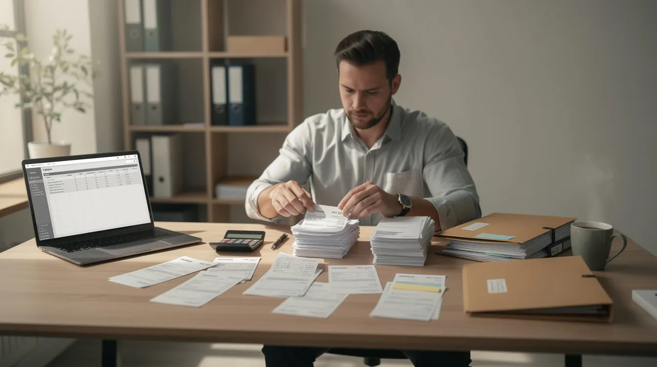 05eb016b 595b 43a2 bfcd c20c8300aa84 An entrepreneur is seated at a desk, meticulously organizing business receipts and invoices to ensure accurate documentation for potential funding from a financial institution. This preparation highlights their satisfactory credit track record, essential for applying for mudra loans to support their micro enterprise.