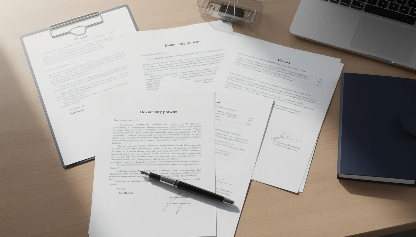 Na biurku rozłożone są różne dokumenty prawne i umowy, w tym świadectwa charakterystyki energetycznej budynku, które są istotne dla właścicieli nieruchomości przy sprzedaży lub wynajmie. Dokumenty te zawierają kluczowe informacje dotyczące efektywności energetycznej oraz obowiązku posiadania aktualnego świadectwa energetycznego.