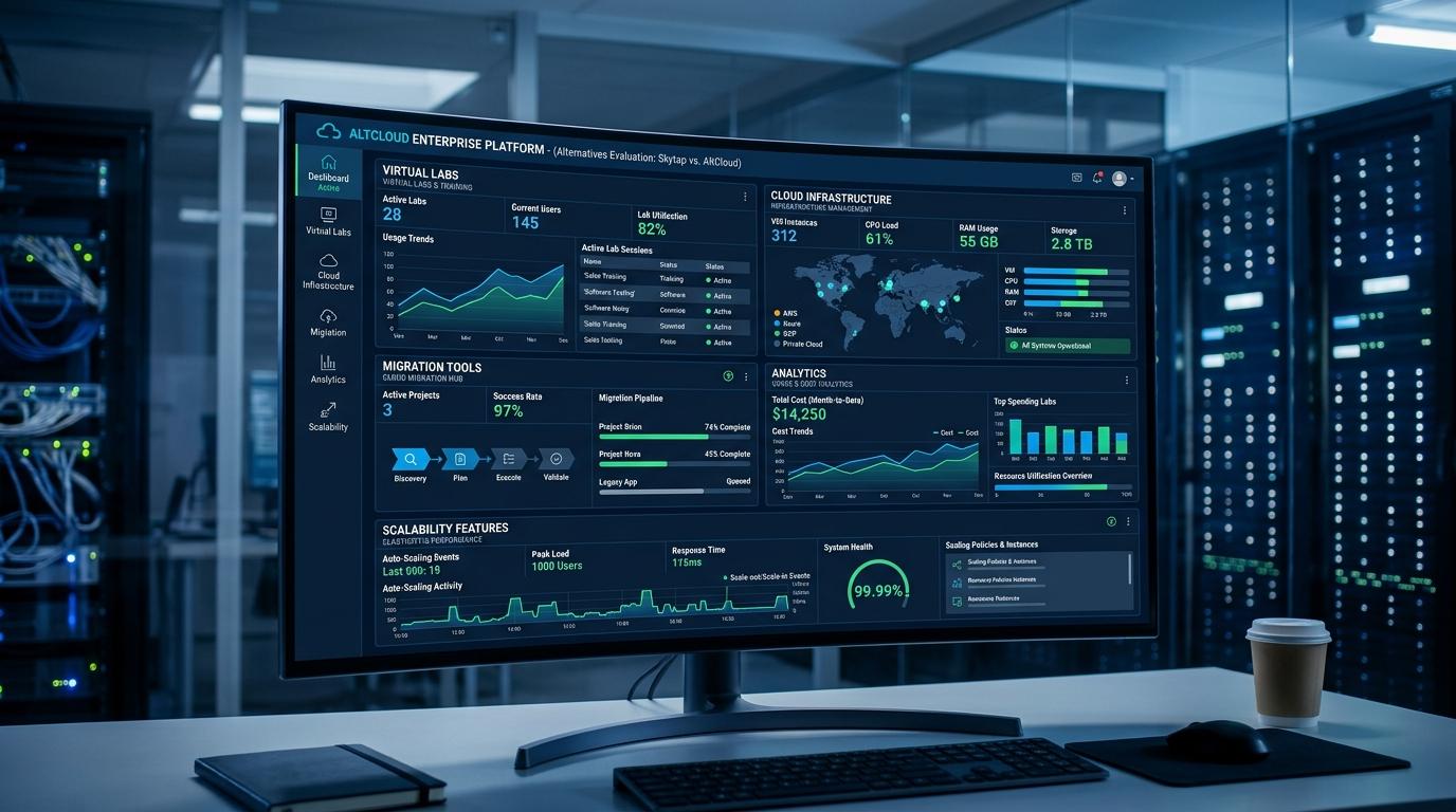 Enterprise cloud platform dashboard highlighting virtual labs, cloud infrastructure, migration tools, analytics, and scalability features for evaluating Skytap alternatives.
