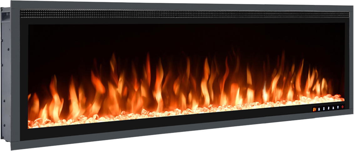 An illustration of a stylish 50 inch electric fireplace in a cozy living room setting.