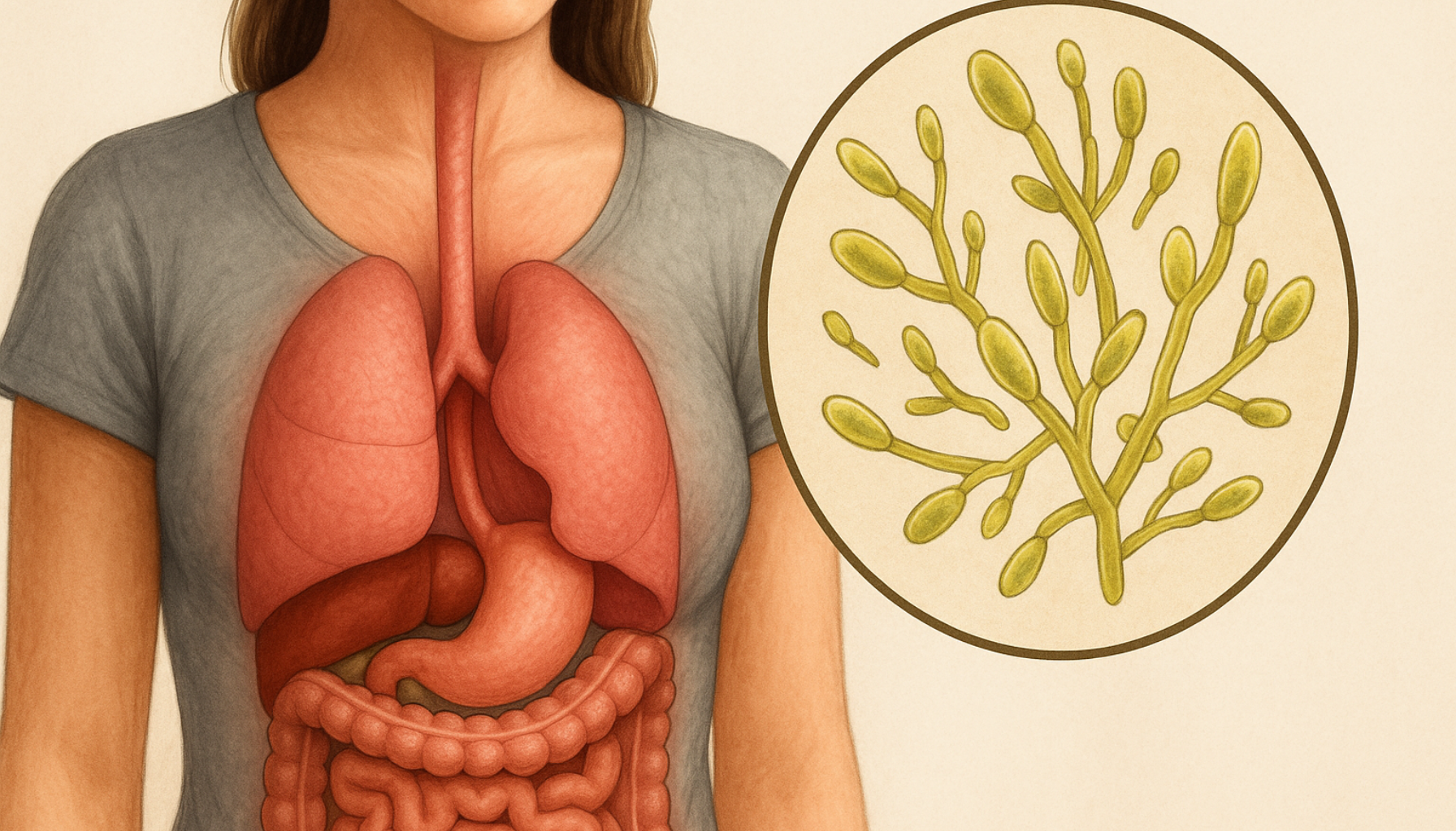 Candida: Den skjulte soppen i kroppen din 13 "Medisinsk illustrasjon av kvinnelig torso med fordøyelsessystem og fremhevet candida-soppvekst.