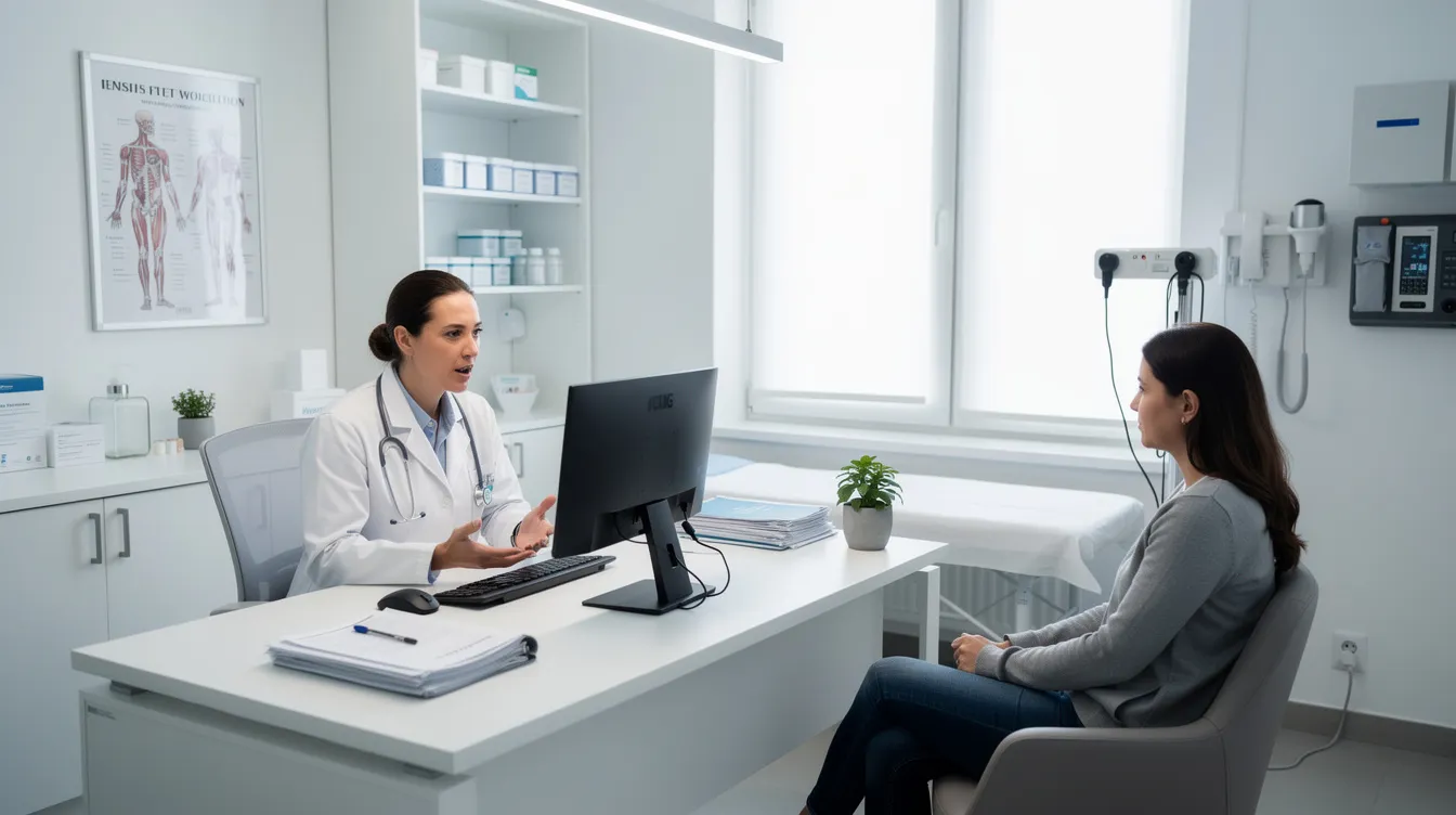 The image depicts a modern medical consultation room where a doctor is engaged in conversation with a patient across a desk, set in a bright and clinical environment. This setting reflects a focus on patient-centered care, ideal for discussing various plastic surgery procedures and treatment plans.