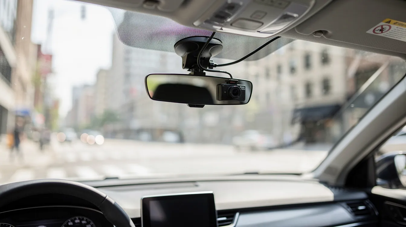 Professional Dashcam Installer : A dashcam is securely mounted on a vehicle's windshield, featuring clean and hidden wiring that enhances the installation's professional appearance. 