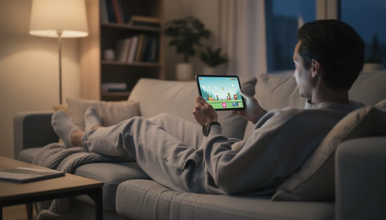 En person sitter avslappnat på en soffa och spelar spel på en surfplatta. Denna bild fångar en stund av nöje och underhållning, där spel som "Big Bass Bonanza" och "Thor: The Trials of Asgard" kan avnjutas hemifrån.
