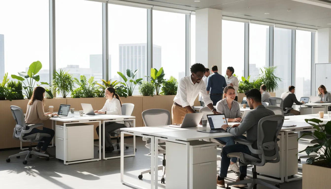 Das Bild zeigt ein modernes Büro mit mehreren Mitarbeitenden, die konzentriert an Laptops arbeiten. Die helle Atmosphäre wird durch große Fenster und zahlreiche Pflanzen ergänzt, was eine freundliche und produktive Umgebung schafft.
