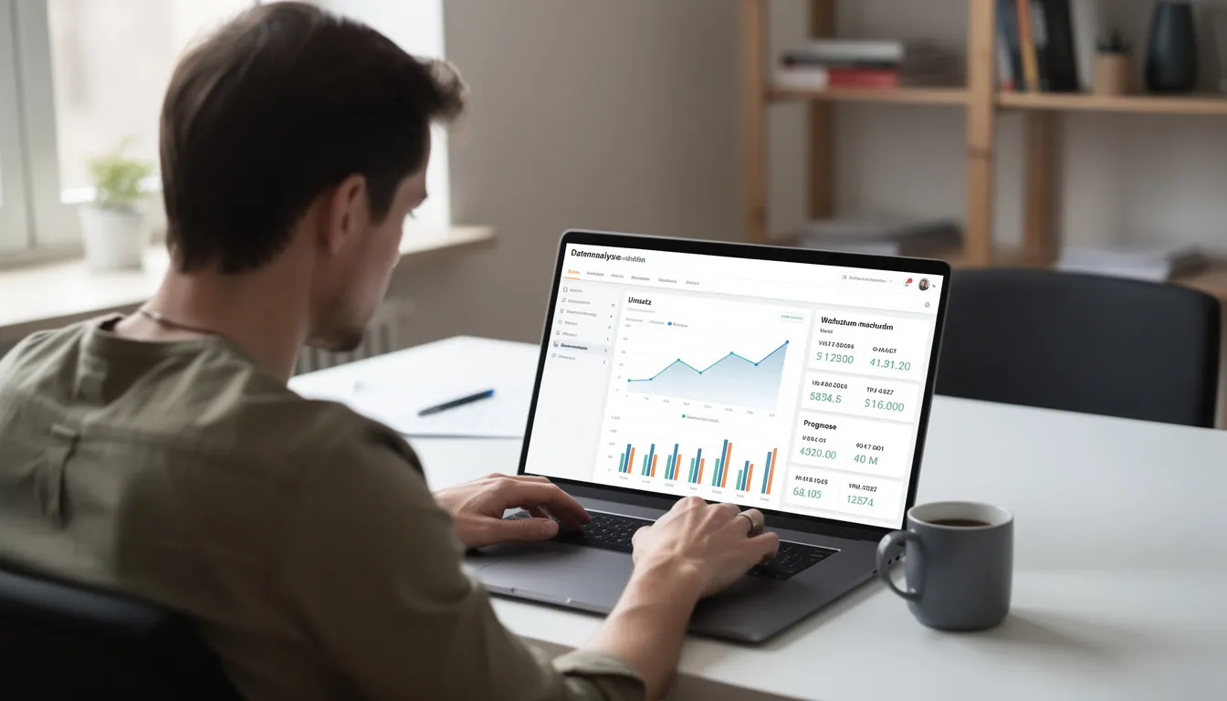 Eine Person sitzt an einem Tisch und analysiert Daten auf einem Laptop-Bildschirm, während sie sich auf Maßnahmen zur Offpage-Optimierung ihrer Website konzentriert. Der Bildschirm zeigt Grafiken und Zahlen, die für die Suchmaschinenoptimierung und das Ranking in den Suchergebnissen relevant sind.