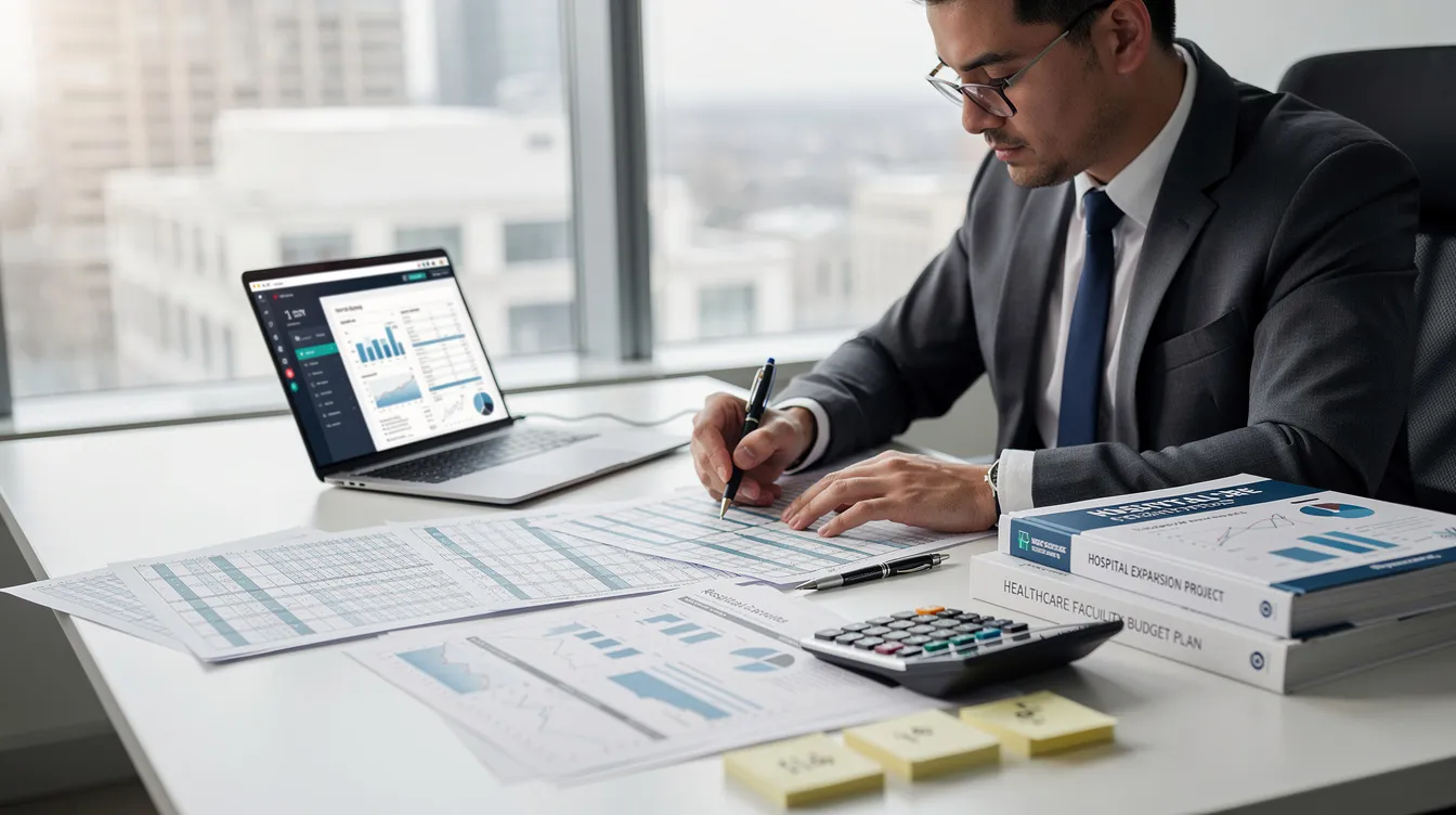 05f510b2 460f 4fb9 9bef 744a6b0717b5 A chartered accountant is intently reviewing financial projection spreadsheets alongside hospital project documents on a desk, which include details about funding for medical infrastructure and advanced medical equipment necessary for quality medical services. The scene illustrates the meticulous planning involved in securing hospital loans and ensuring the financial viability of healthcare projects.
